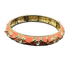 Vintage Gold-Tone Hinged Stretch Bangle Bracelet Coral Enamel Leaf Detailing & R